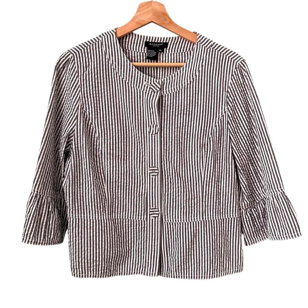 Sandro Striped Seersucker Peplum 3/4 Sleeve Blazer Jacket/Blazer 100% Cotton PL